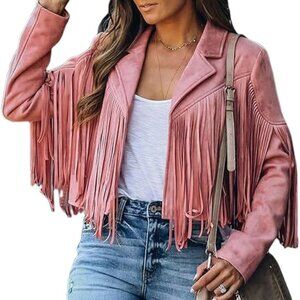 Casual Faux Leather Pink Jacket